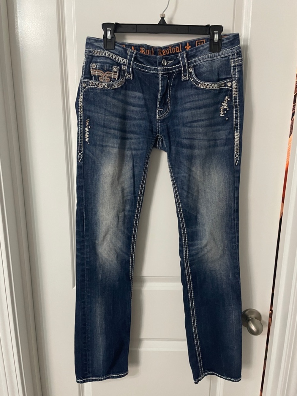 Rock Revival Women’s Dark Blue Kai Straight Leg Jeans with Embroidered Pockets